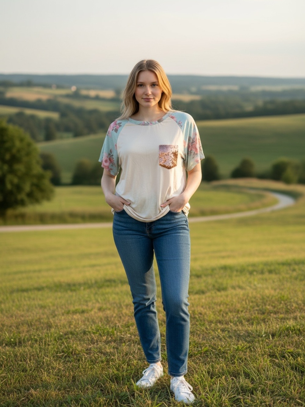 1 Clique Mint Floral Sleeve Sequin Pocket Tee